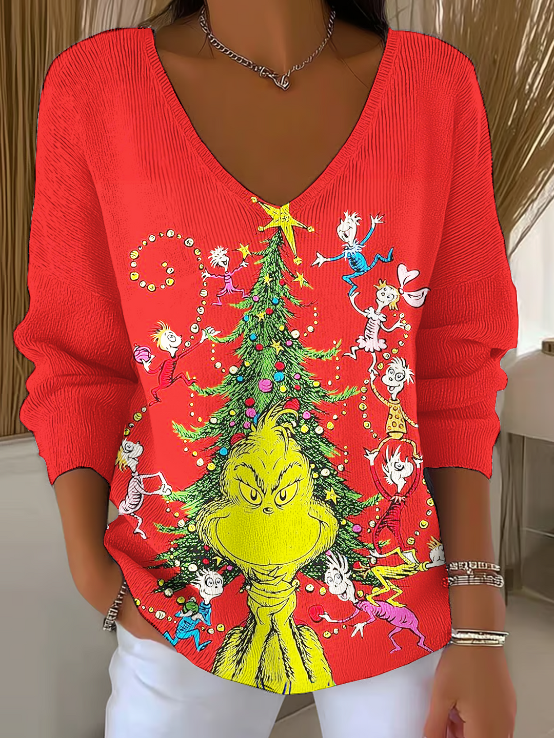 Fun Christmas Green Casual V Neck Pullover Sweater