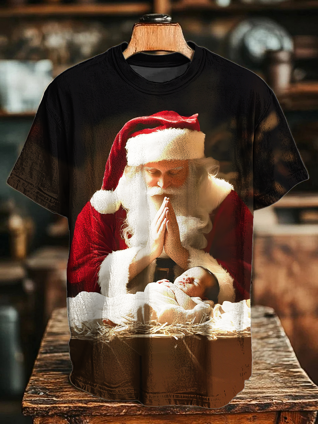 Santa Claus Jesus Art Crew Neck T-shirt