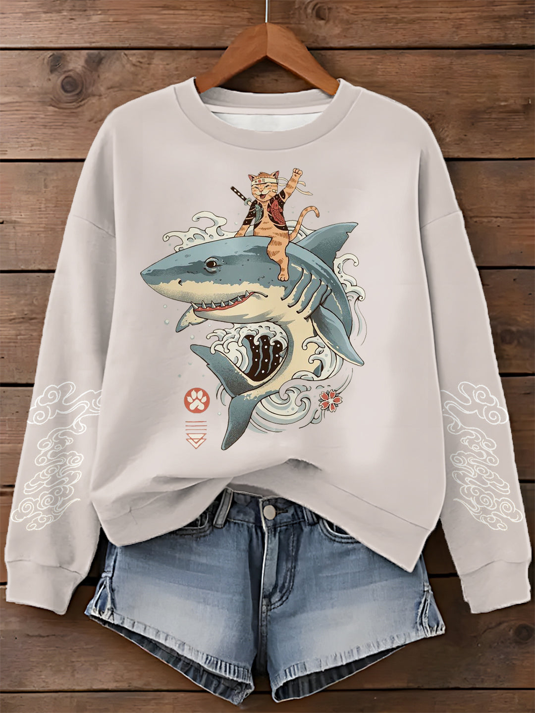 Cat Riding Shark Print Long Sleeve Casual Top