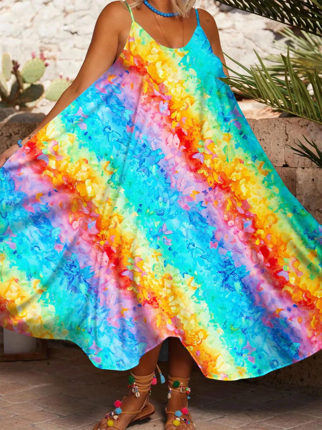 Women's Rainbow Butterfly Print Casual Spaghetti Strap Dress
