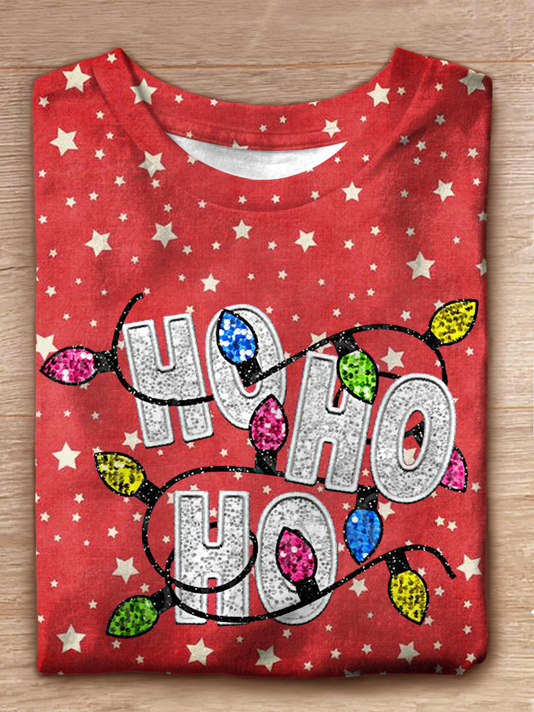 Women's Faux Sequin Christmas Glitter Ho Ho Ho Crew Neck T-shirt