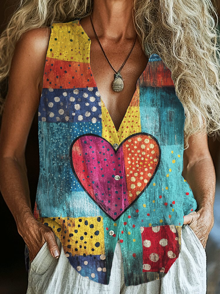 Retro Collage Love Hippie Art Printed Sleeveless Cotton Crinkled Shirt