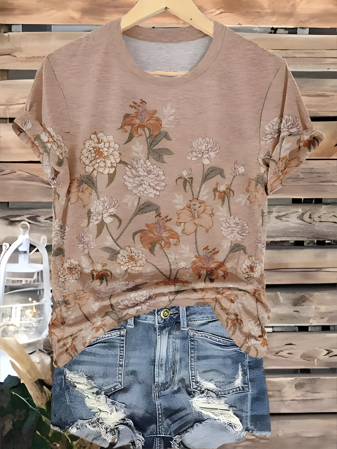 Retro Floral Pattern Crew Neck T-shirt