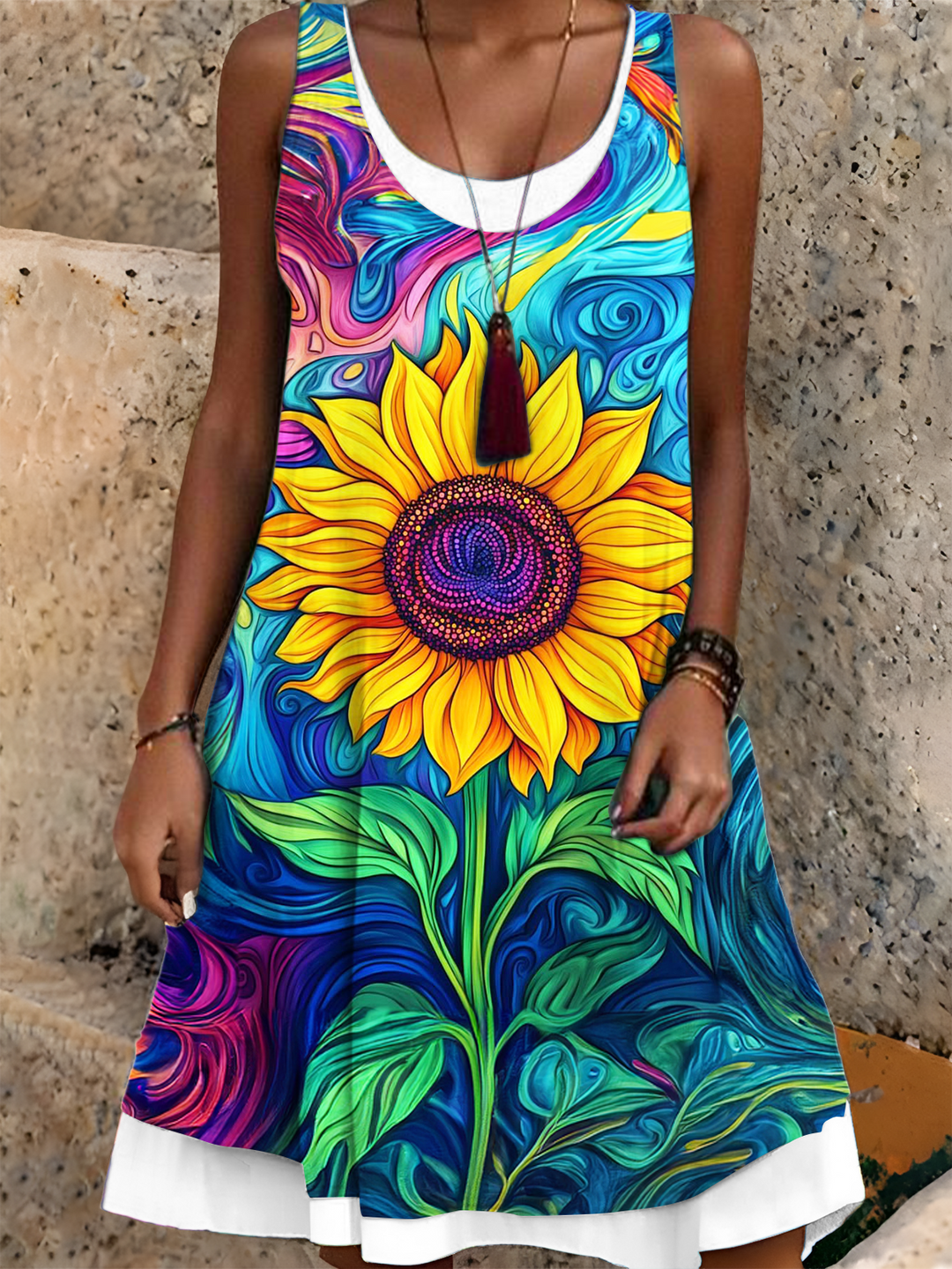 Colorful Hippie Sunflower Art Ladies False Two Dress