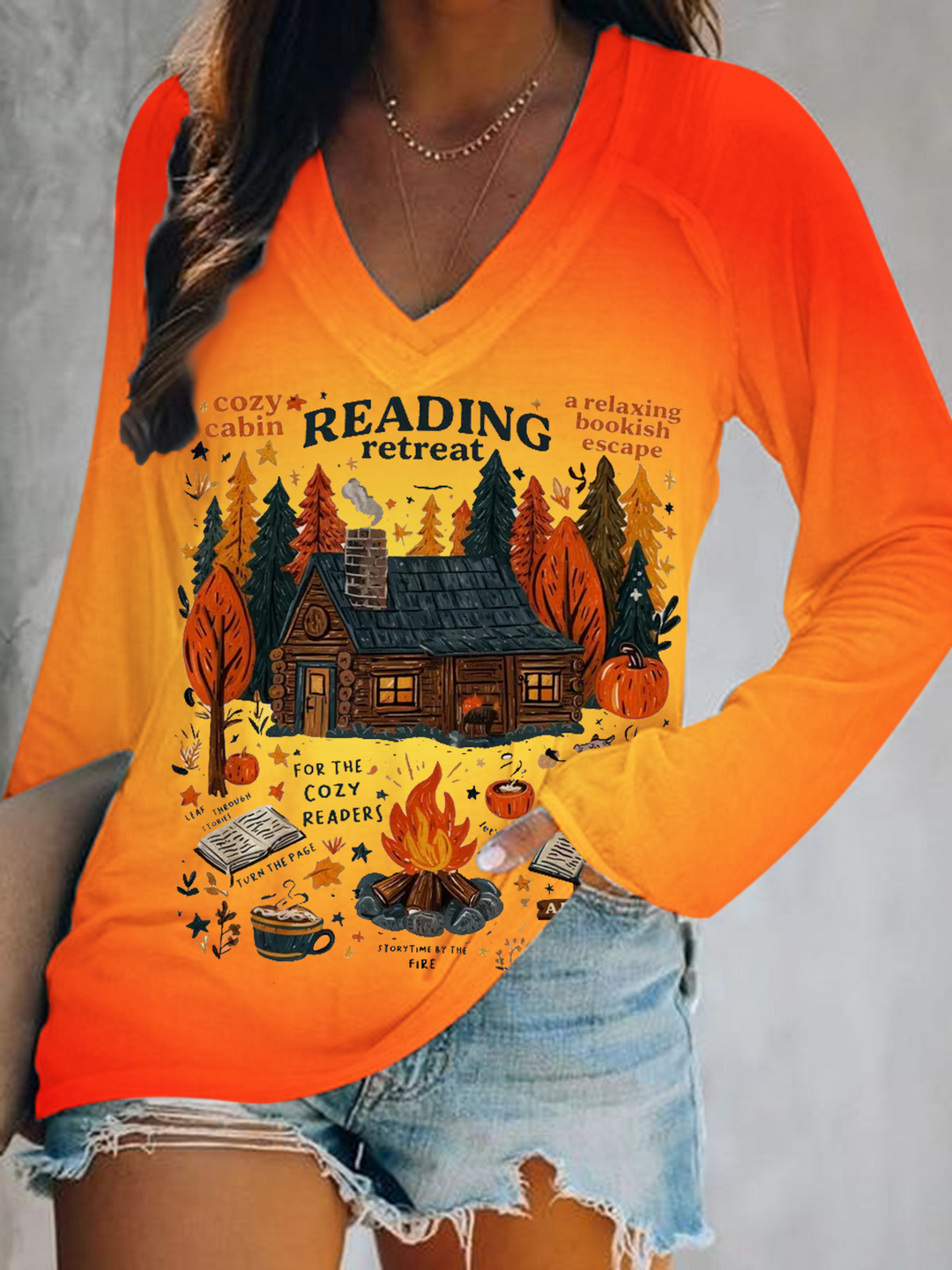 Cozy Cabin Reading Retreat Print V-Neck Long Sleeve Top