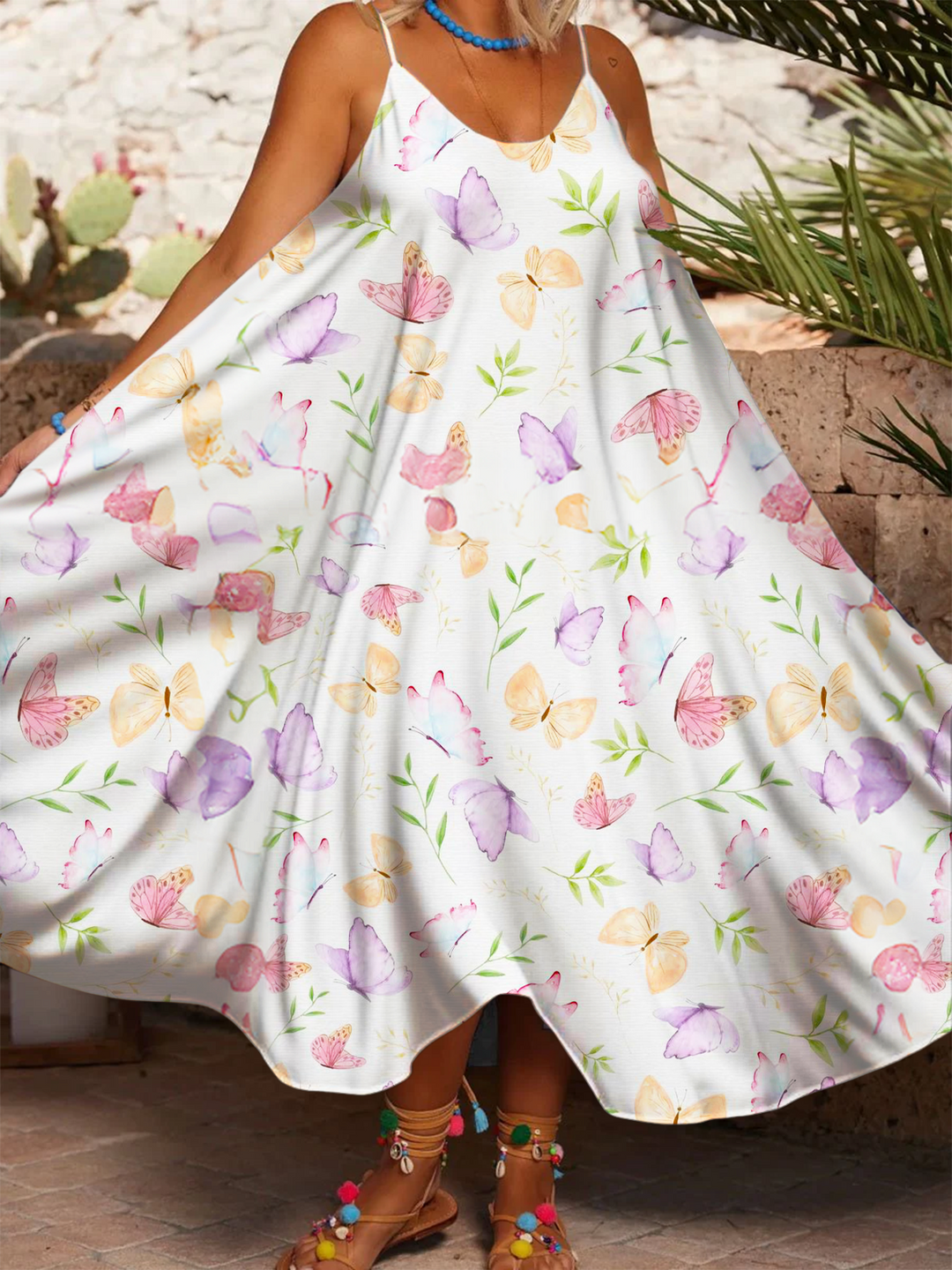 Bohemian Floral Butterflies Printed Casual Spaghetti Strap Dress