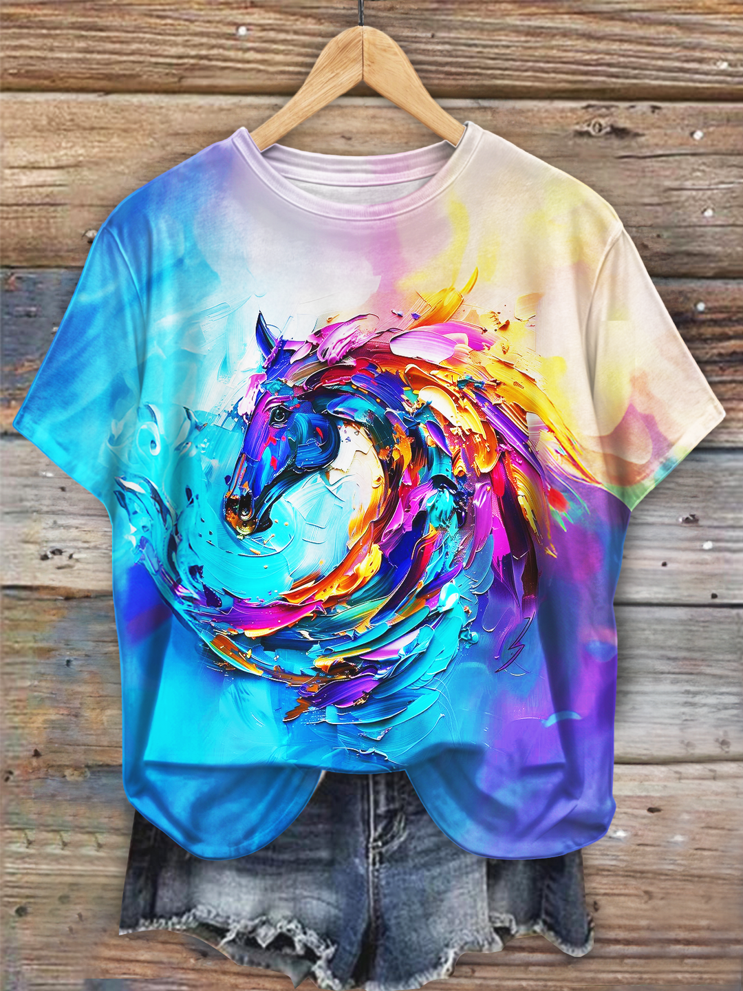 Abstract Colorful Horse ArtCrew Neck T-shirt