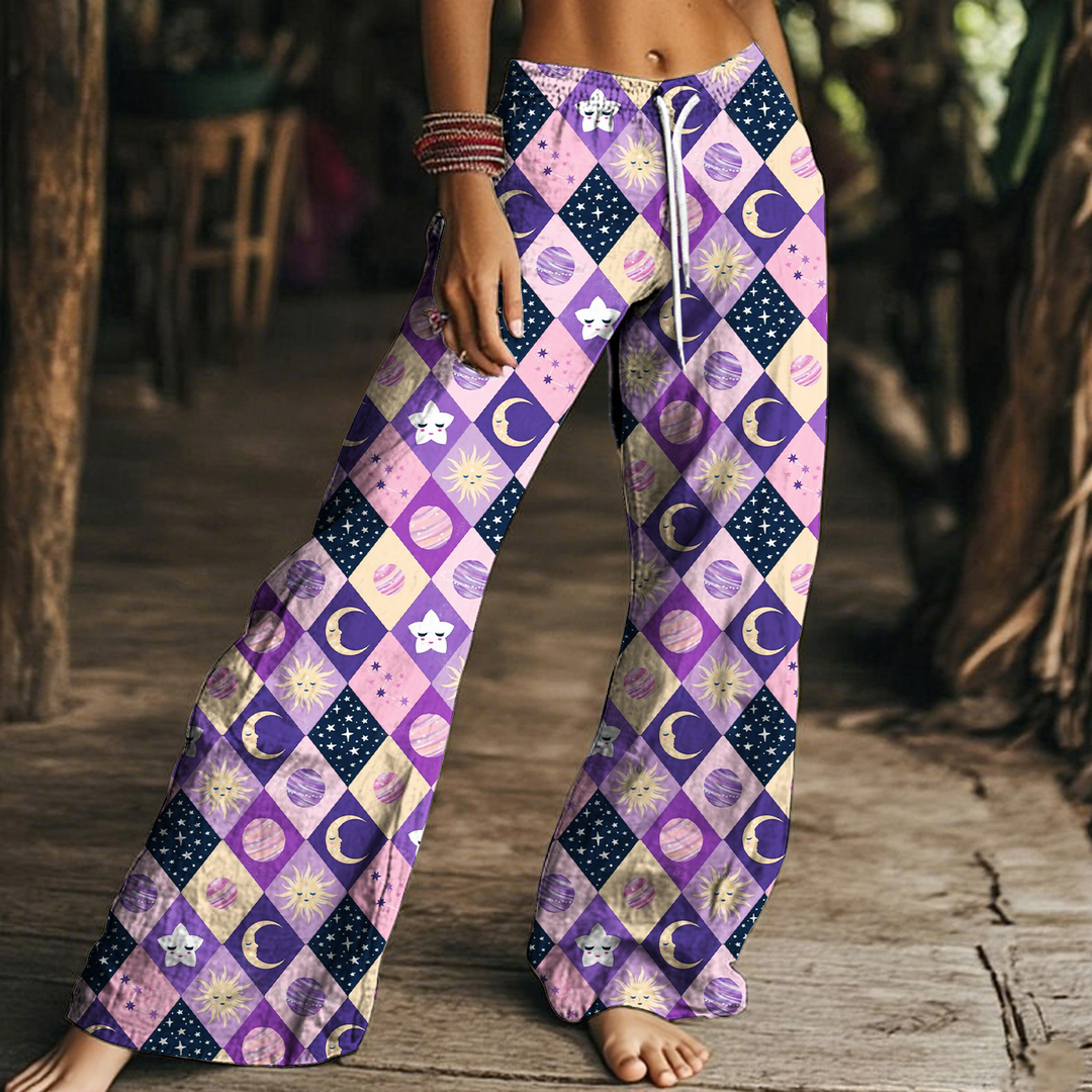 Women's Retro Hippie Sun and Moon Diamond Drawstring Wide-Leg Pants
