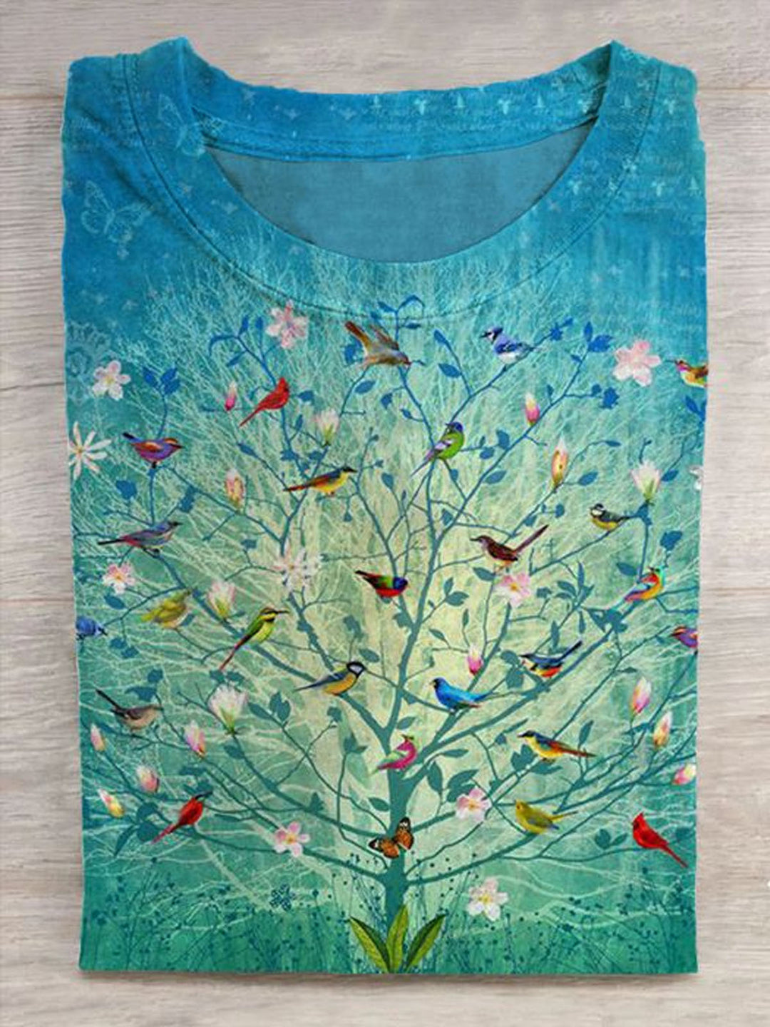 Floral Bird Tree of Life Abstract Print Crew Neck T-shirt