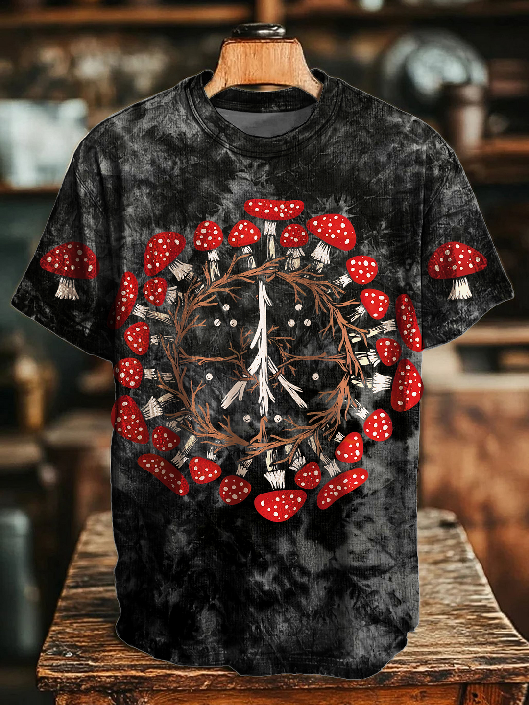 Vintage Hippie Peace Mushroom Art Crew Neck T-shirt