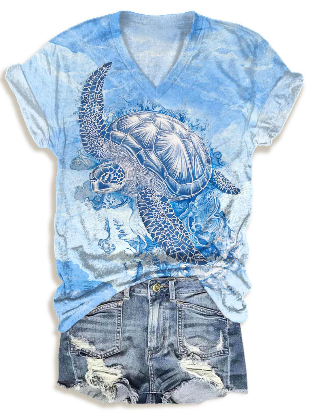 Cute Turtle Print V-neck T-Shirt