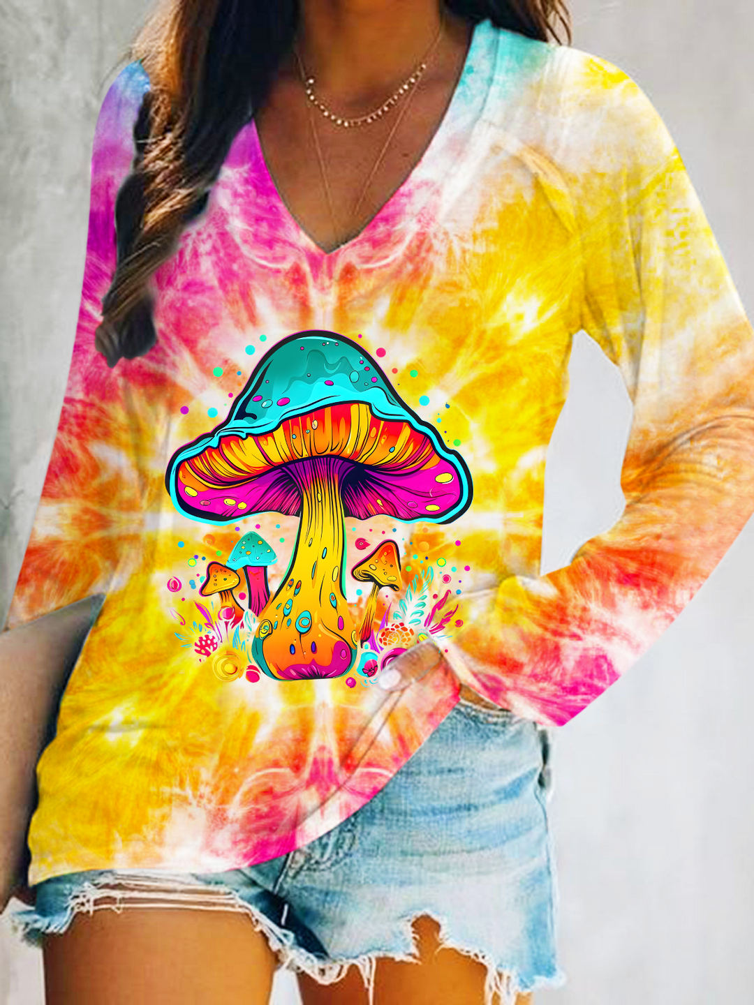 Colorful Tie-dye Psychedelic Mushroom Art Print V-Neck Long Sleeve Top