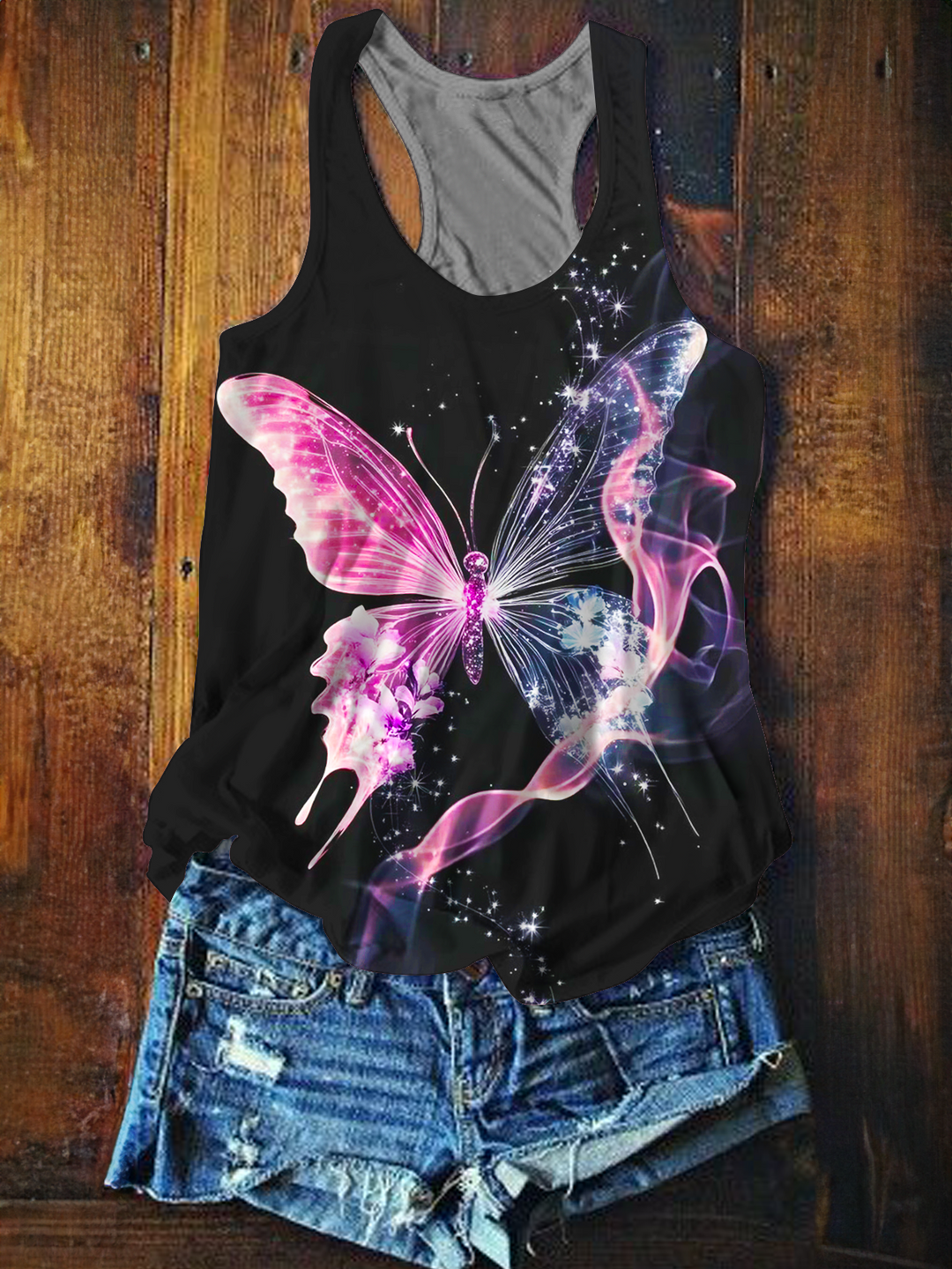 Glitter Smoke Butterfly Art Printed Casual Tank Top