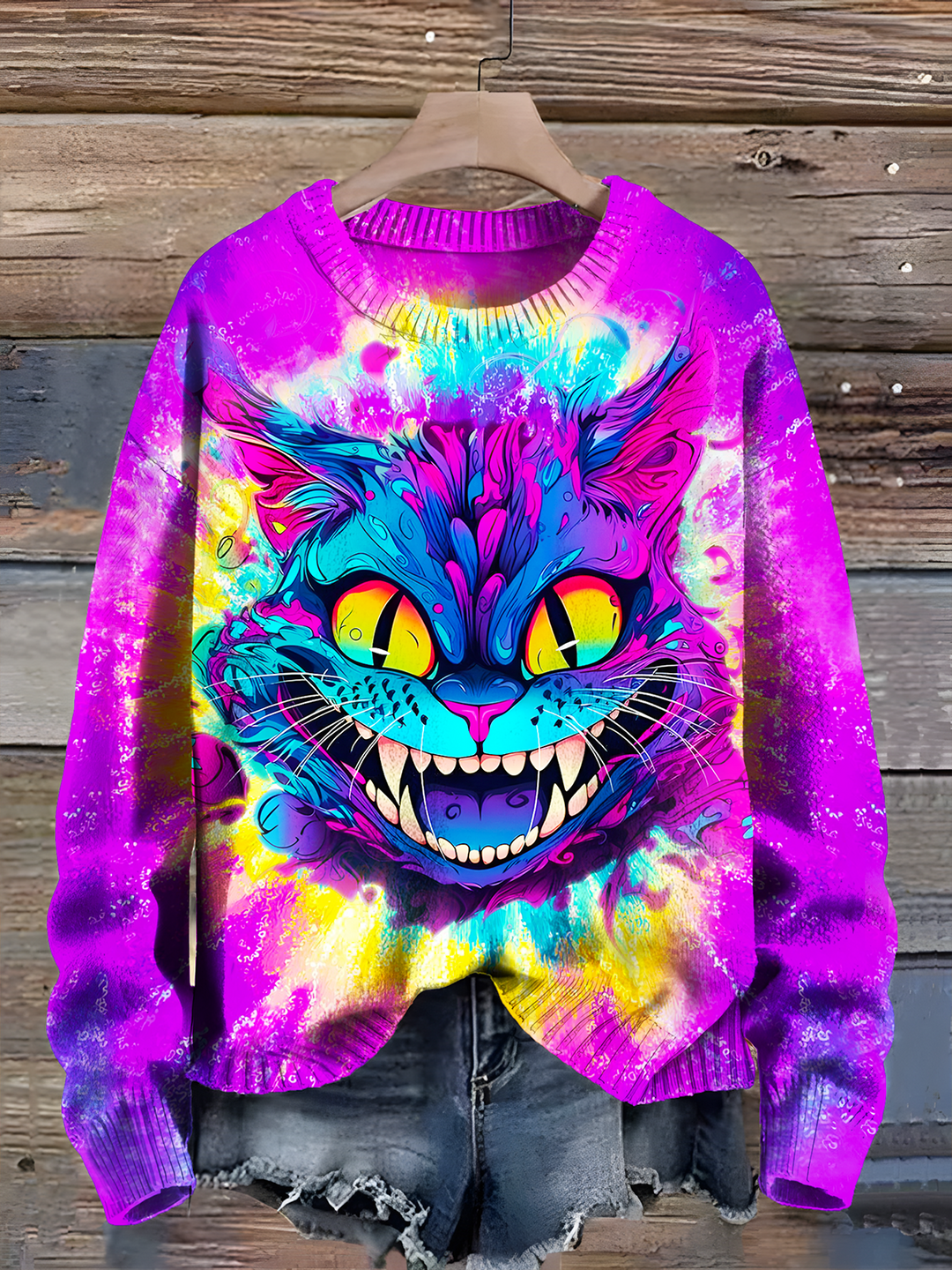 Tie-Dye Hippie Halloween Cat Print Casual Crew Neck Pullover Sweater