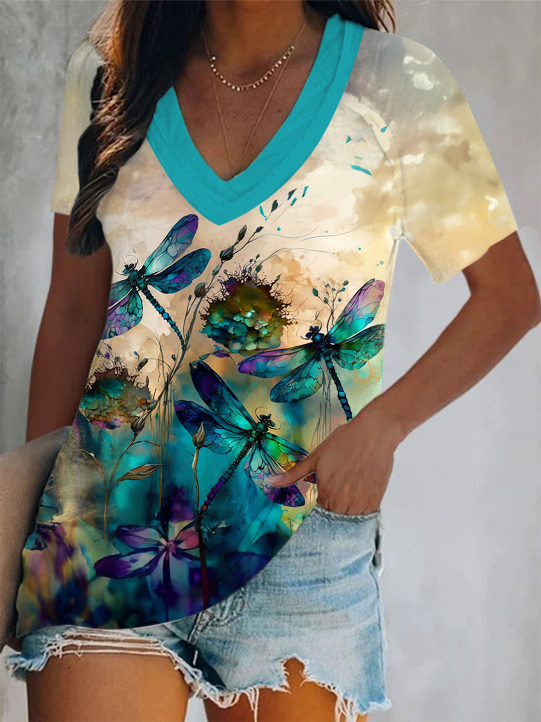 Dragonfly Watercolor Art Short Sleeve V Neck Print Top