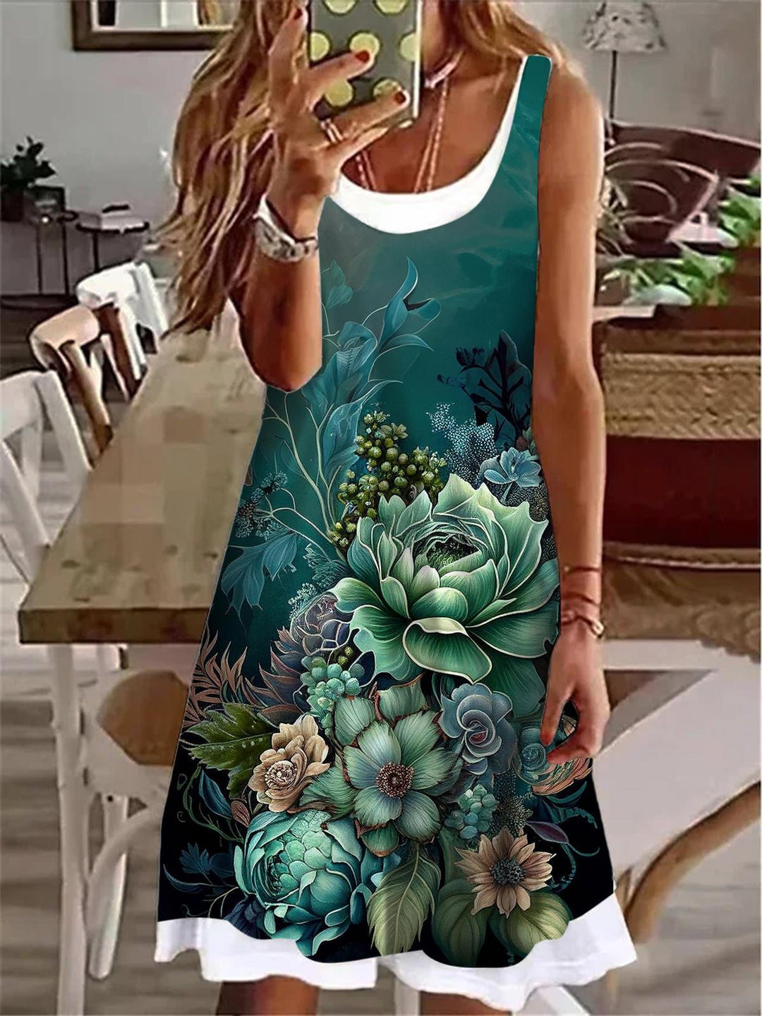 Mint Green Floral Print Ladies False Two Dress