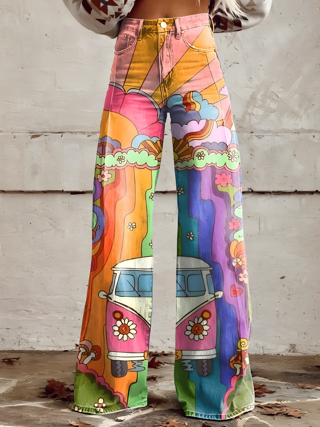 Women's Vintage Hippie Camper Van Print Cotton Flared Jeans Pants