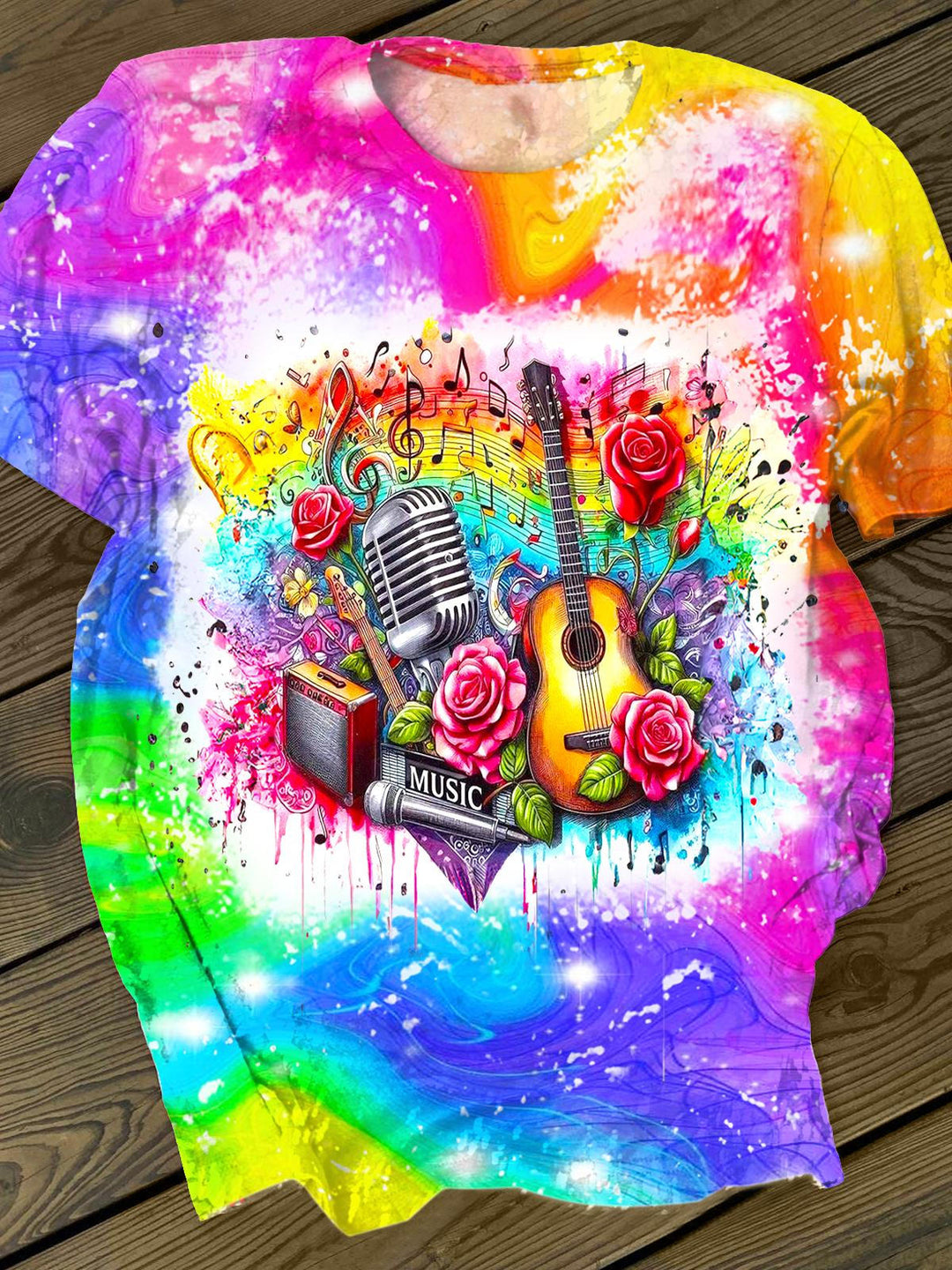 Retro Flower Guitar Print Crew Neck T-shirt