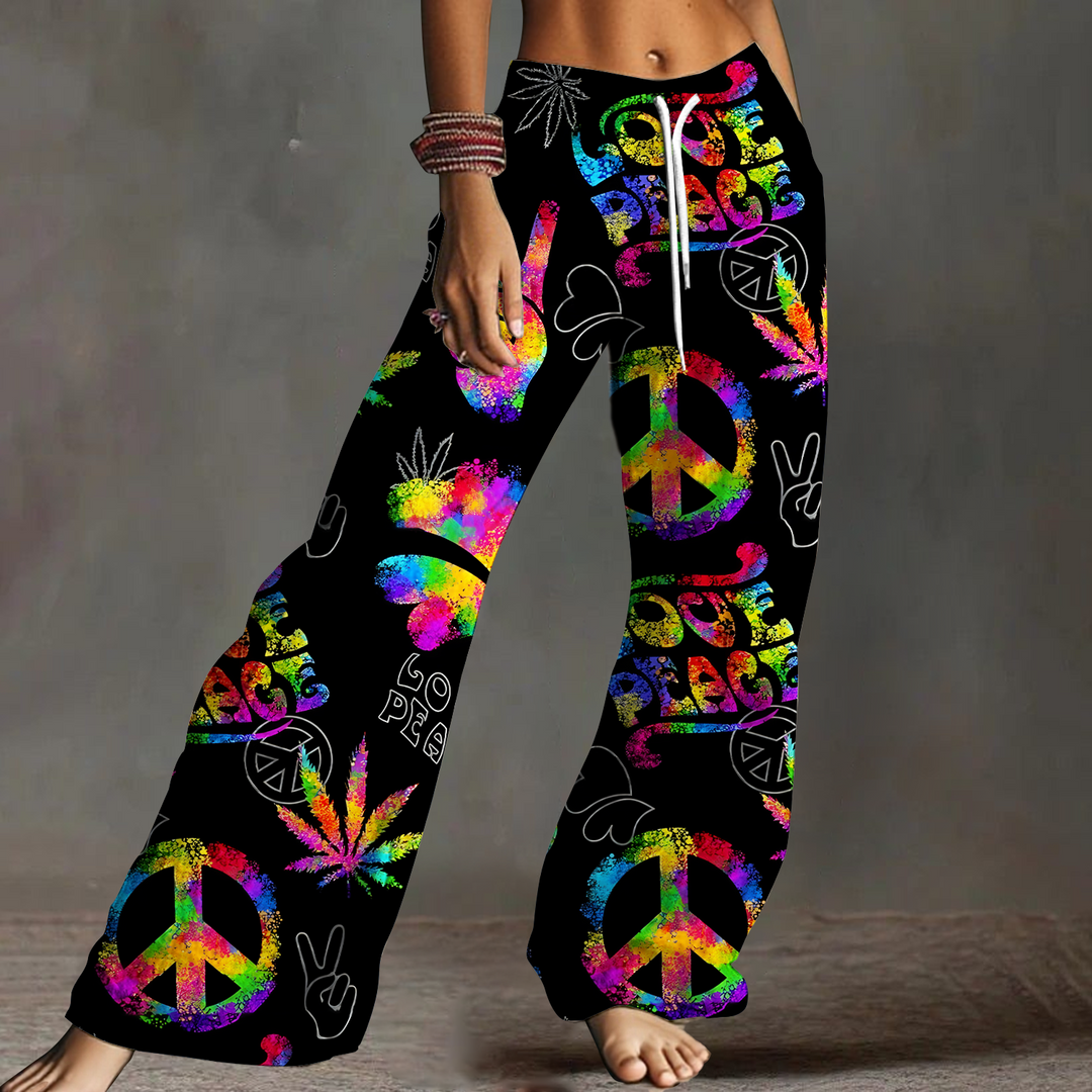 Women's Colorful Classic Hippie Peace Hand Sign Drawstring Wide-Leg Pants