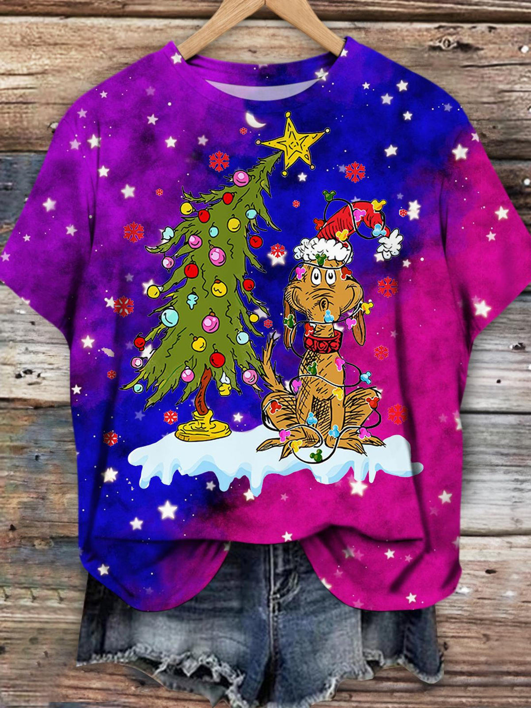 Women's Christmas Tree Puppy Fun Tie-Dye Print T-Shirt