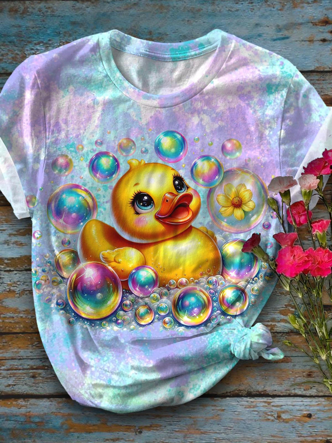 Duck Taking A Bath Pattern Crew Neck T-shirt