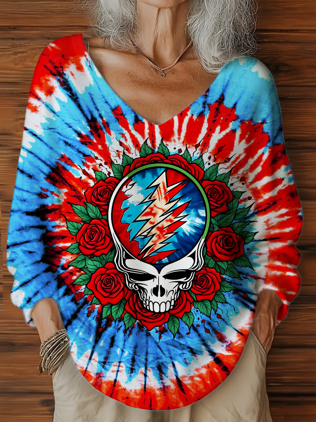 Tie Dyed Stealie Rose Casual V Neck Pullover Sweater