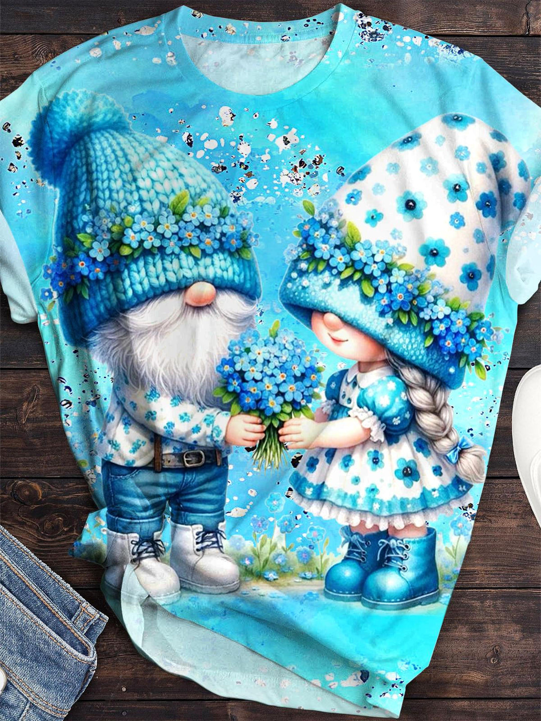 Spring And Summer Floral Cute Gnome Printed Crew Neck T-shirt