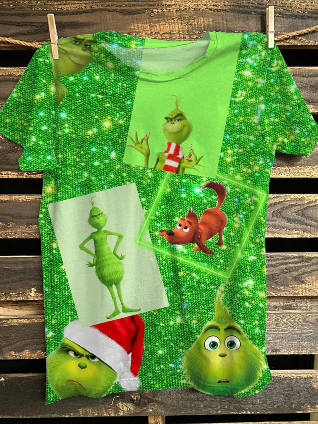 Christmas Green Furry Monster And Puppy Crew Neck T-shirt