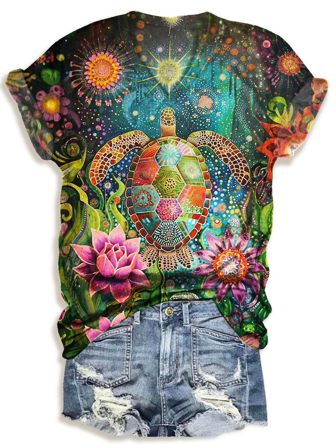 Hippie Retro Turtle Print V-neck T-Shirt