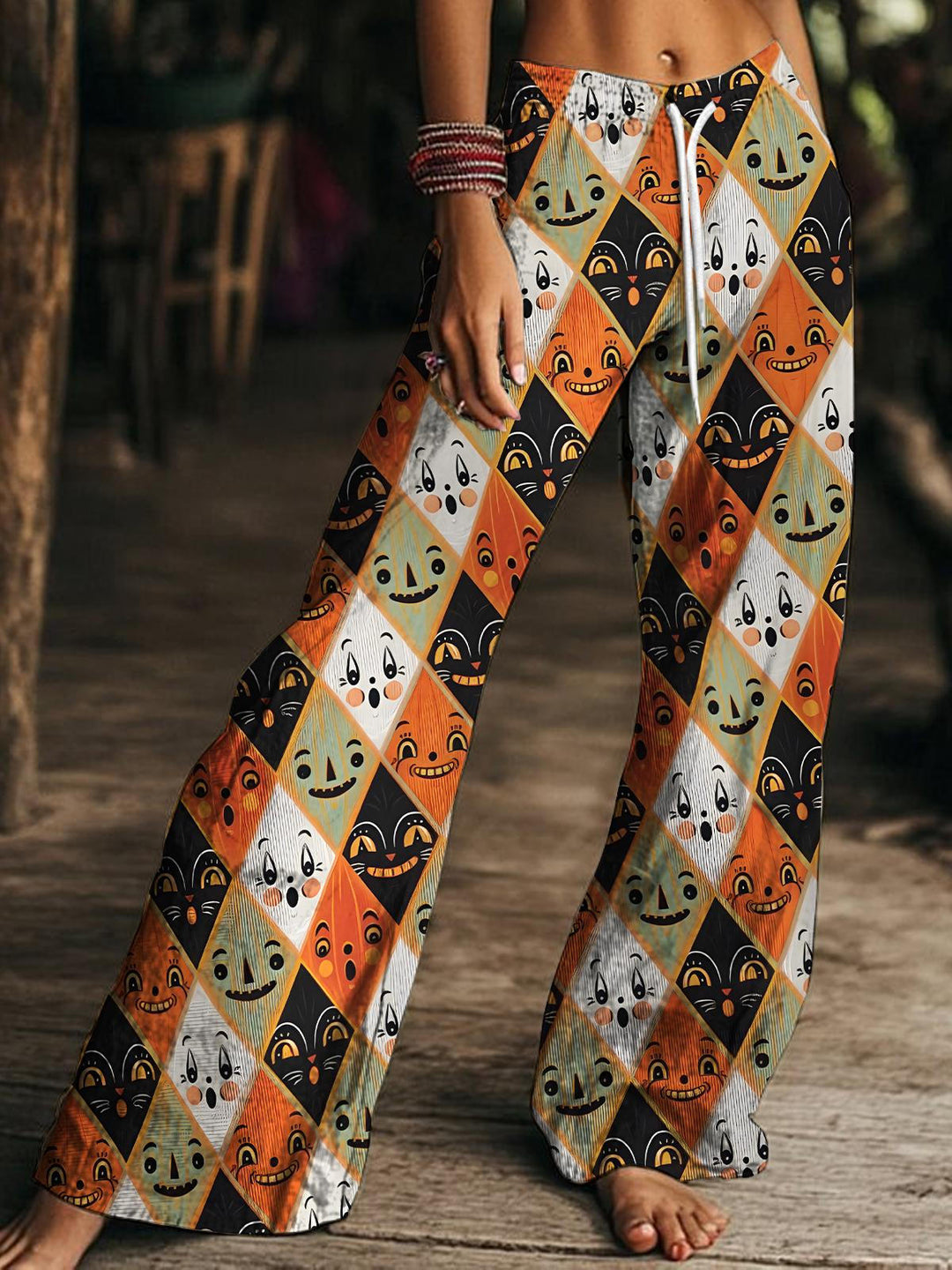 Women's Autumn Halloween Print Drawstring Wide-Leg Pants