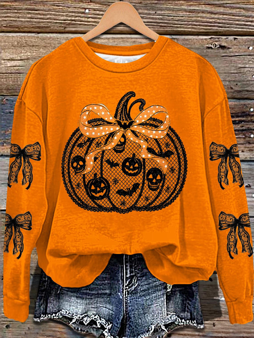 Halloween Lace Pumpkin Print Long Sleeve Casual Top