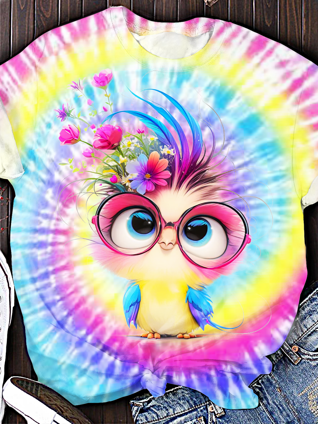 Whimsical Flower Birds Tie-dye Art Crew Neck T-shirt