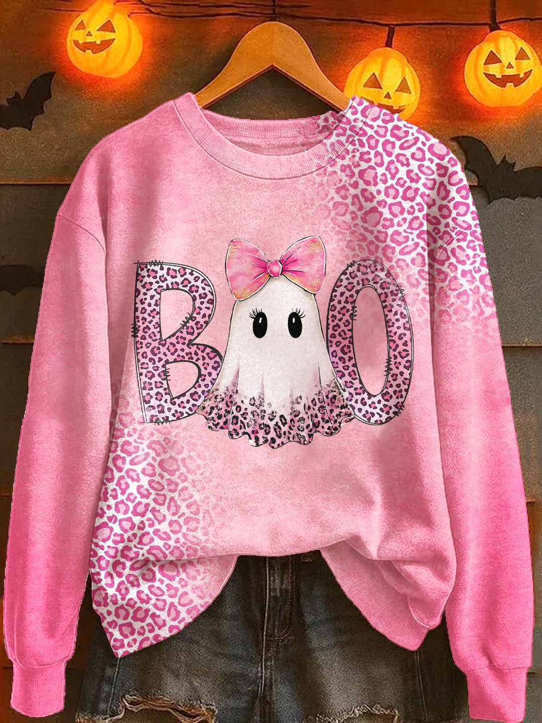 Halloween Ghost Leopard Print Long Sleeve Casual Top