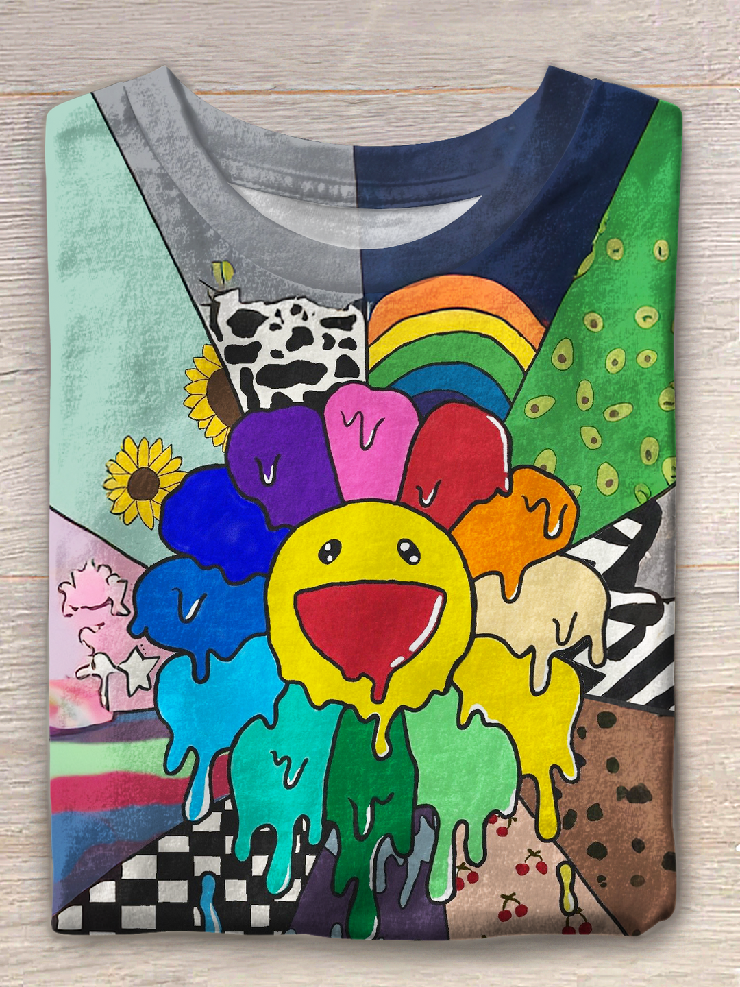 Retro Collage Hippie Sunflower Smiley Face Crew Neck T-shirt