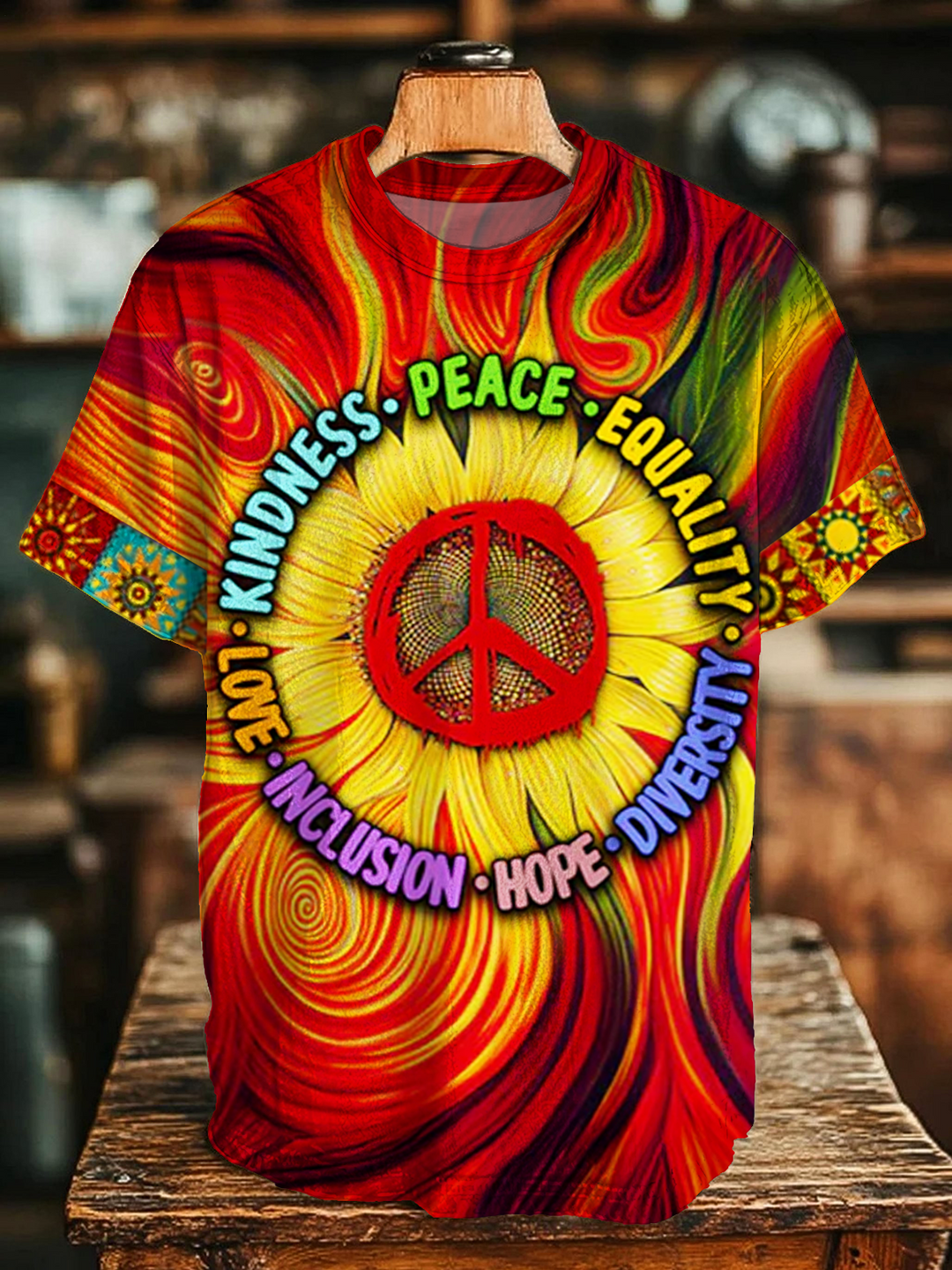 Vintage Hippie Sunflower Love Peace Art Crew Neck T-shirt