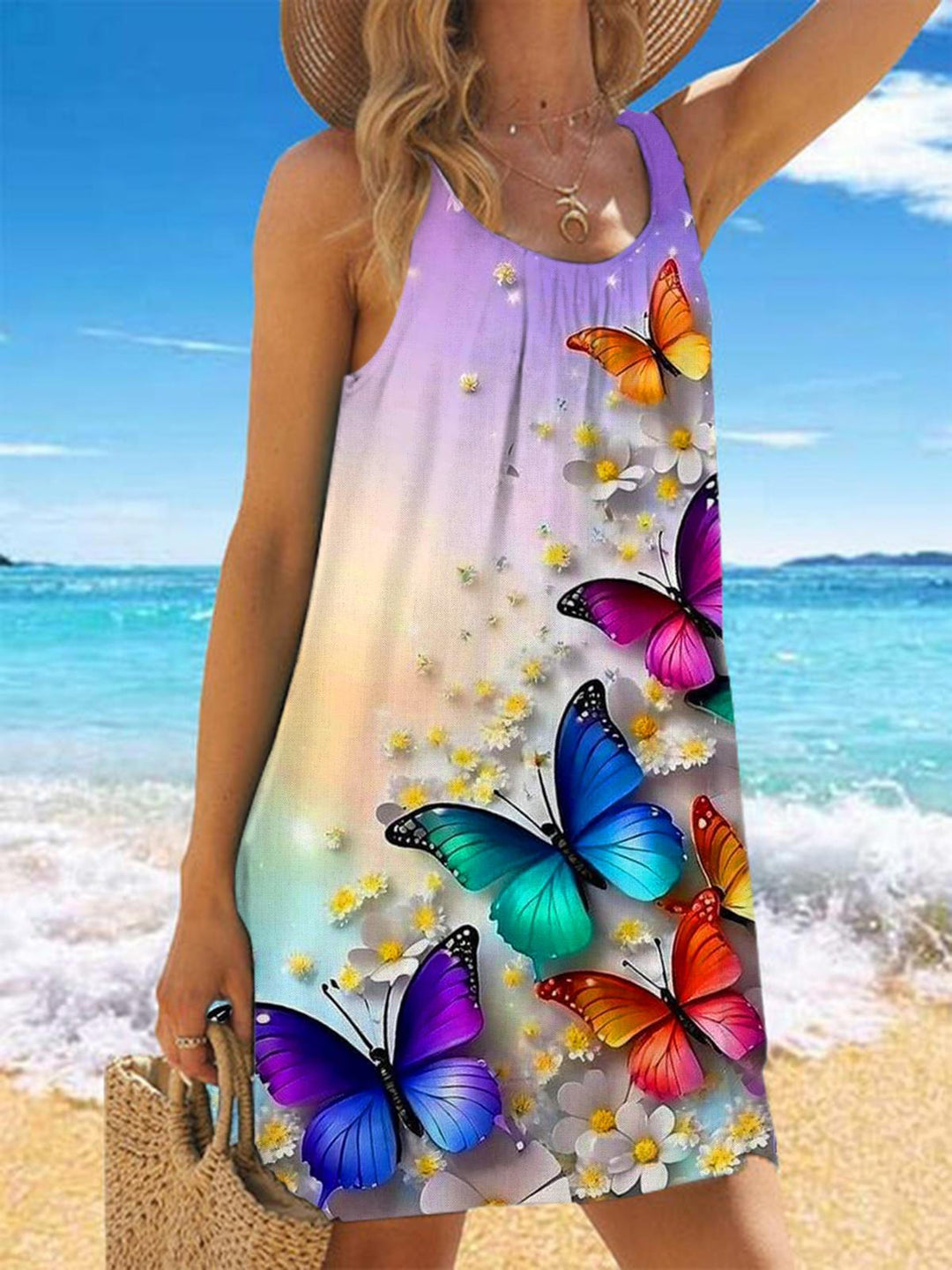Butterfly Flower Print Casual Beach Dress