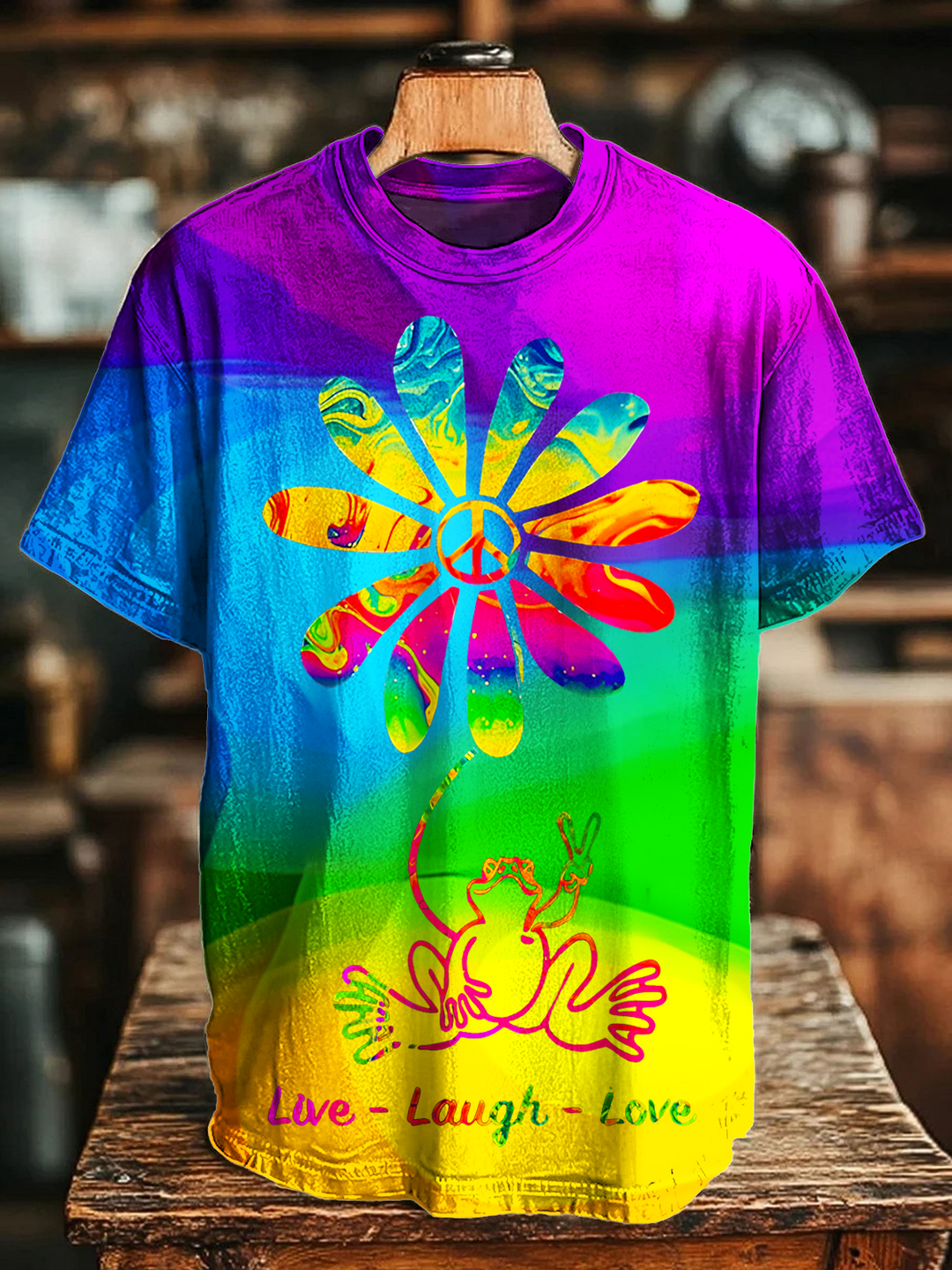 Colorful Daisy Hippie Peace Frog ArtCrew Neck T-shirt