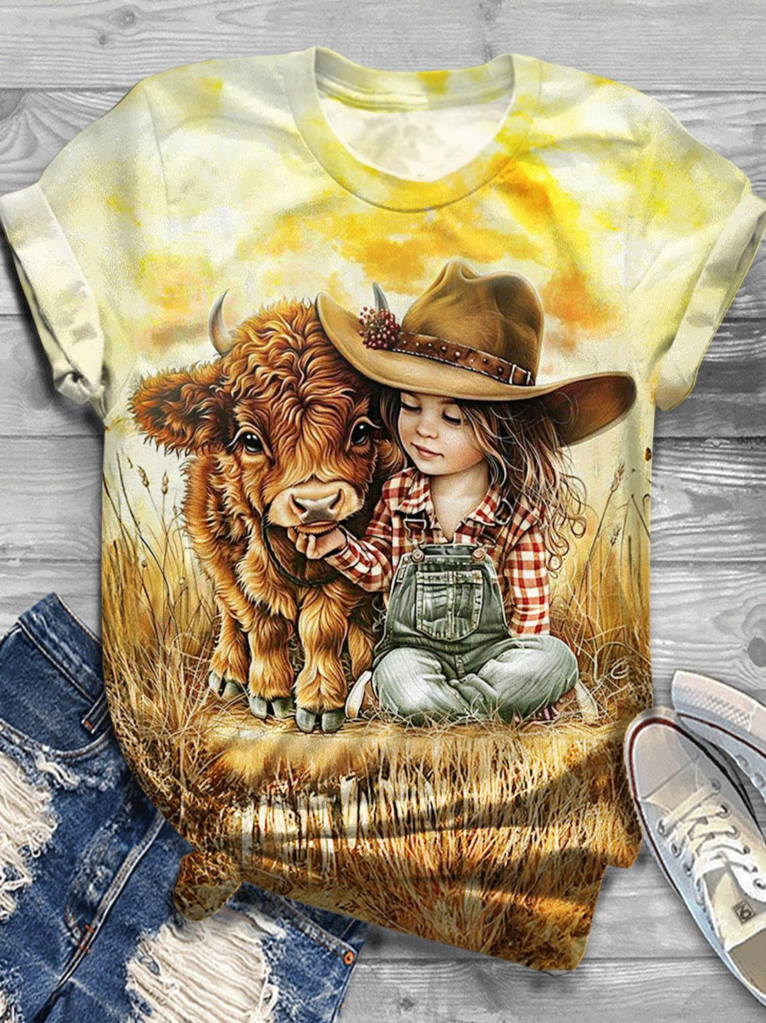 Western Girl Highland Cow Printed Crew Neck T-shirt
