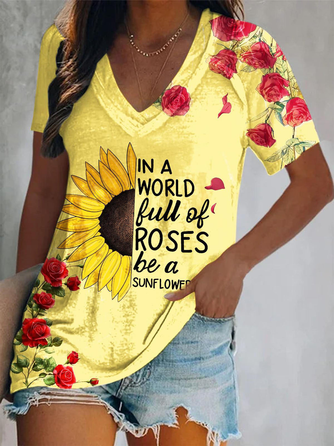 Elegant Floral Print Short Sleeve V Neck Print Top