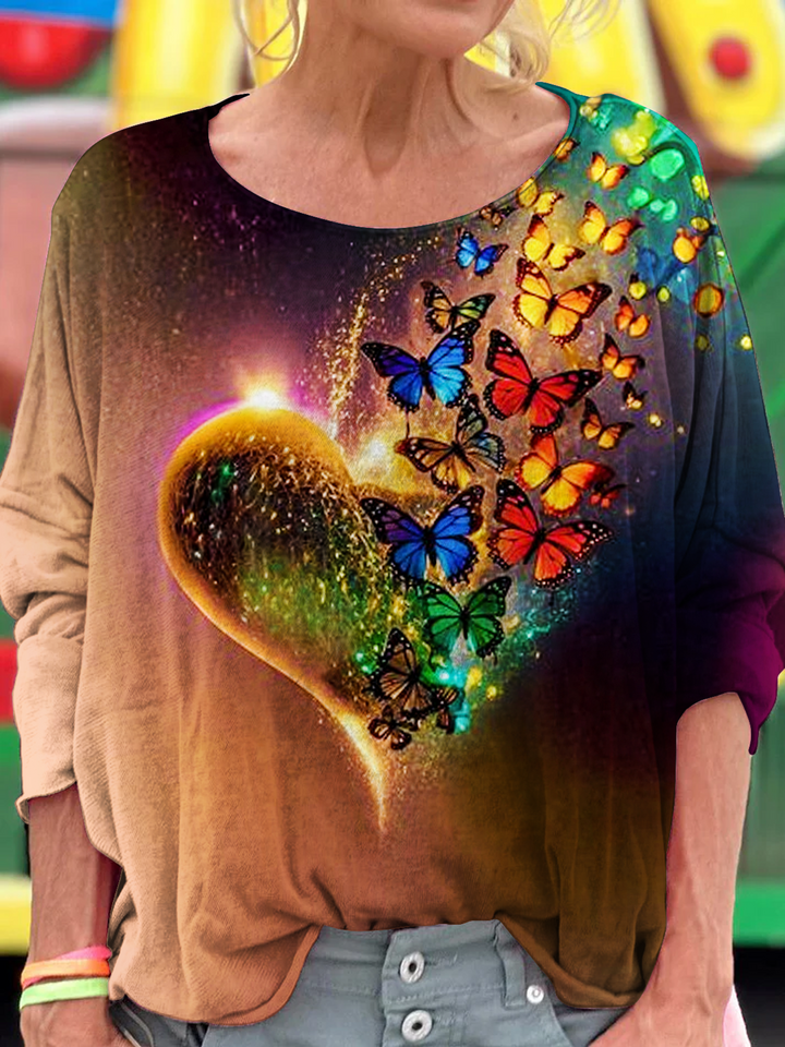 Butterfly Heart Design Crew Neck T-shirt