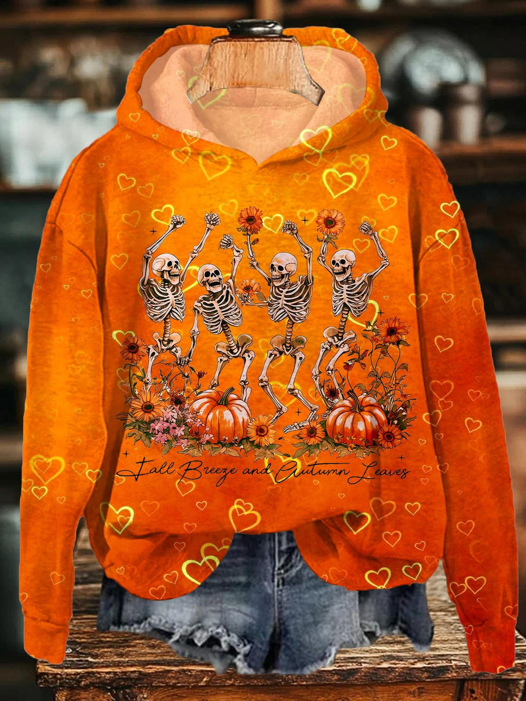 Halloween Autumn Pumpkin Skull Long Sleeve Printed Hoodie