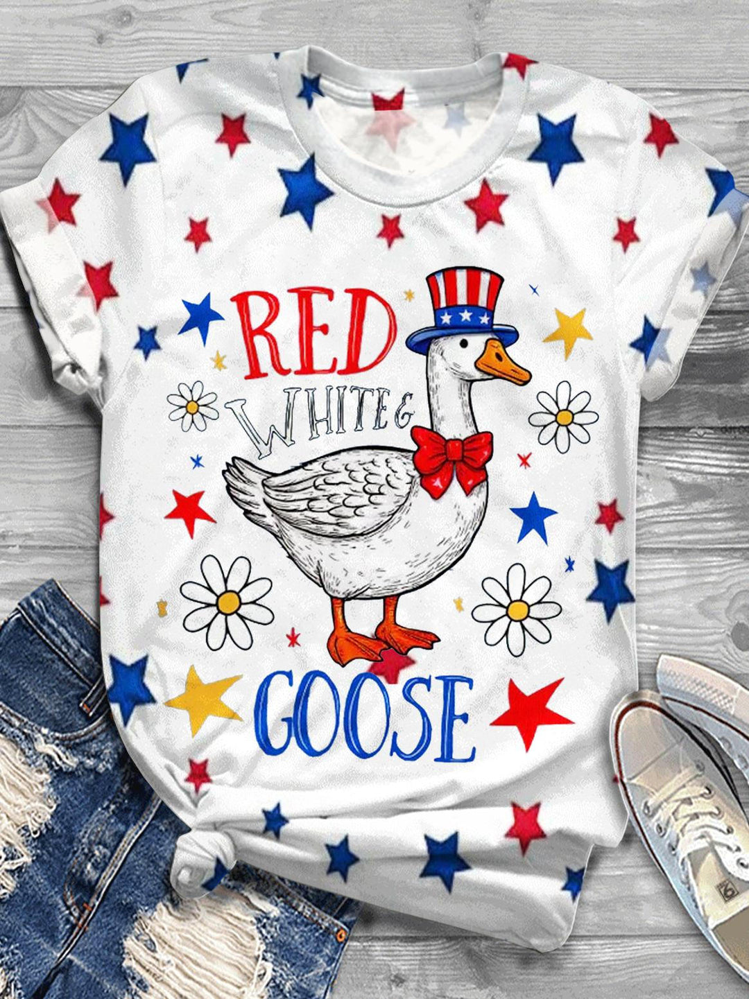 Red White And Goose Funny 4th Of July Crew Neck T-shirt