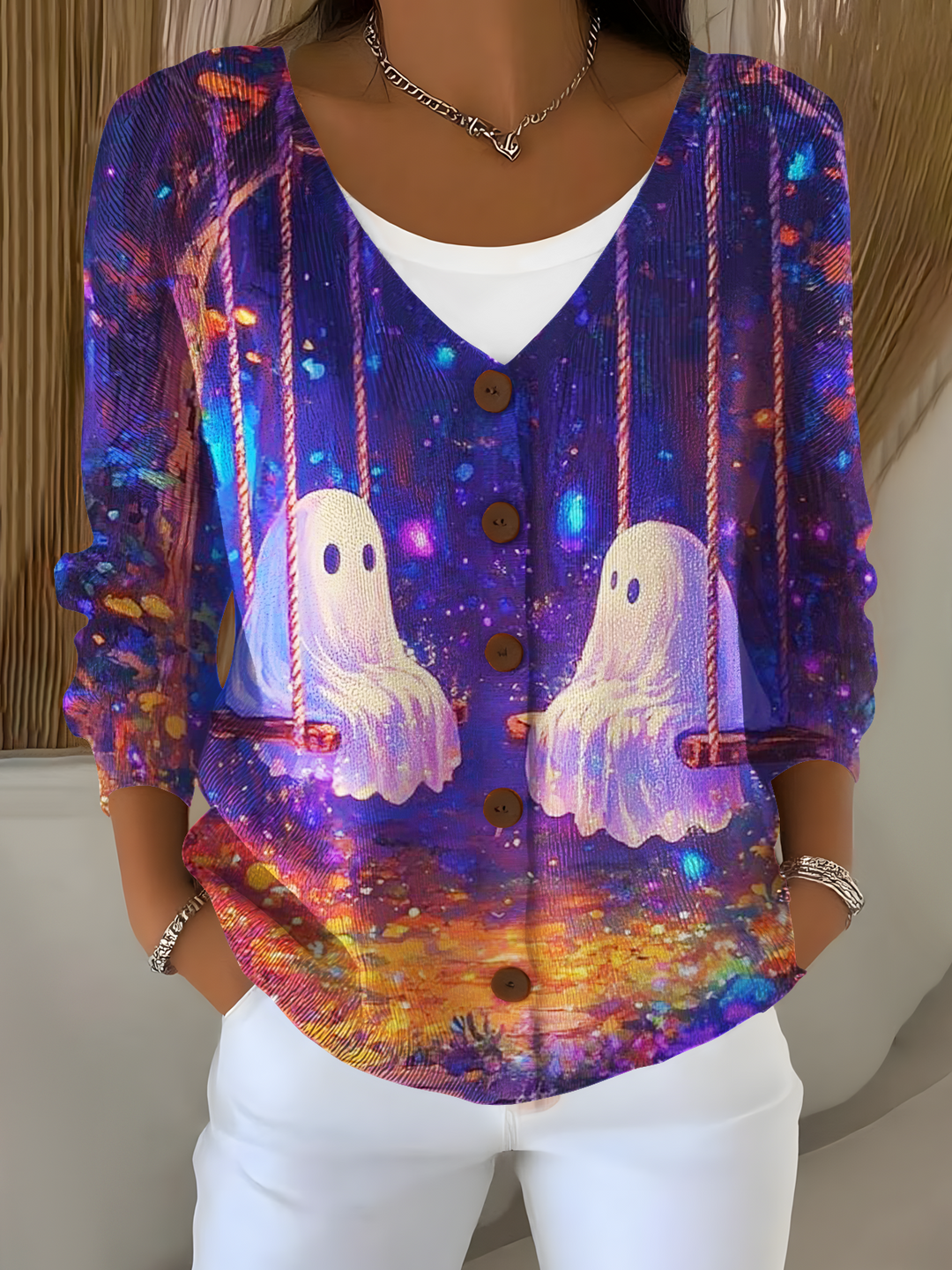 Fun Halloween Ghosts Casual V Neck Pullover Sweater