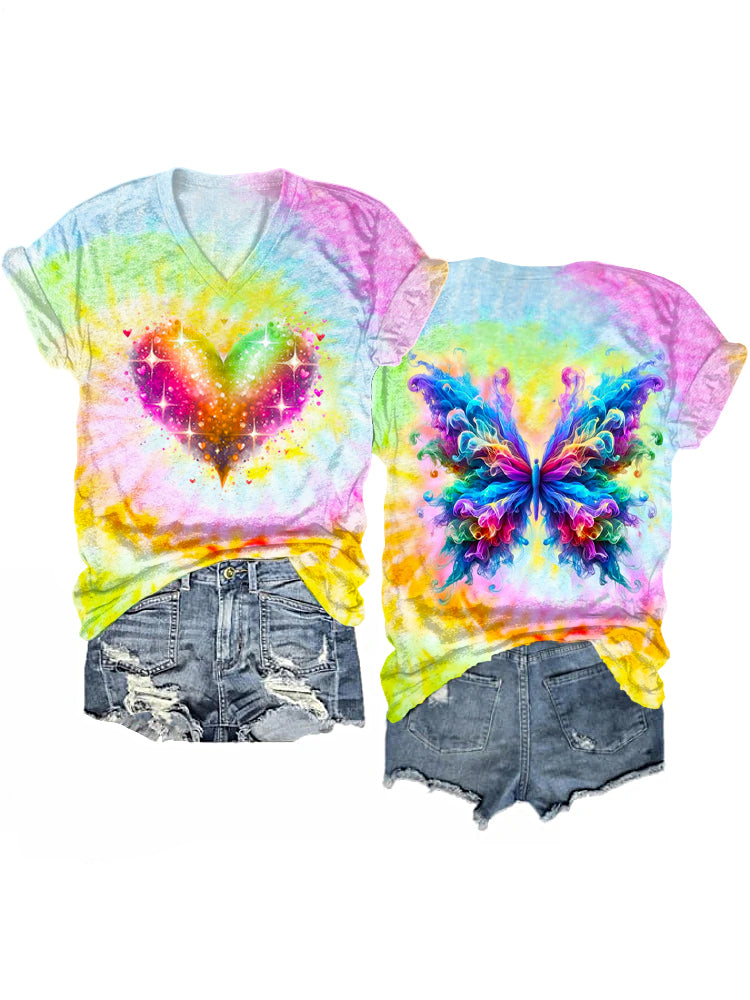 Tie-Dye Heart Butterfly Print V-neck T-Shirt
