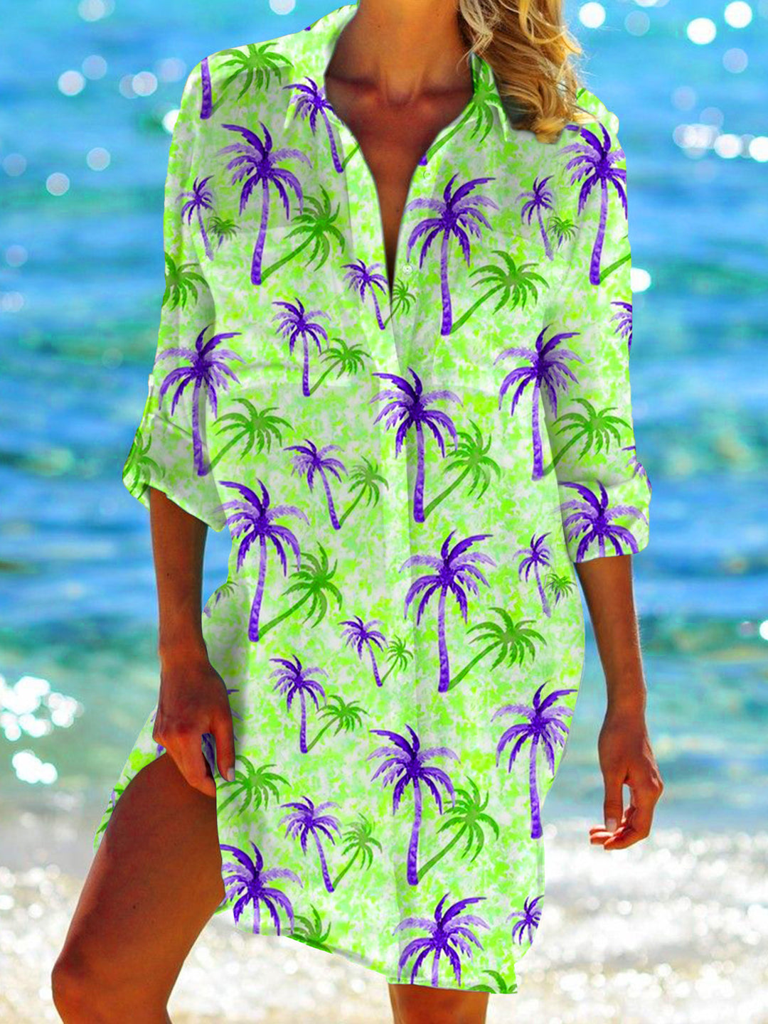 Coconut Tree Watercolor Vacation Long Sleeve Beach Shirt Dress