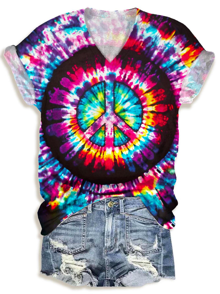 Vintage Love And Peace Hippie Print Crew Neck T-shirt