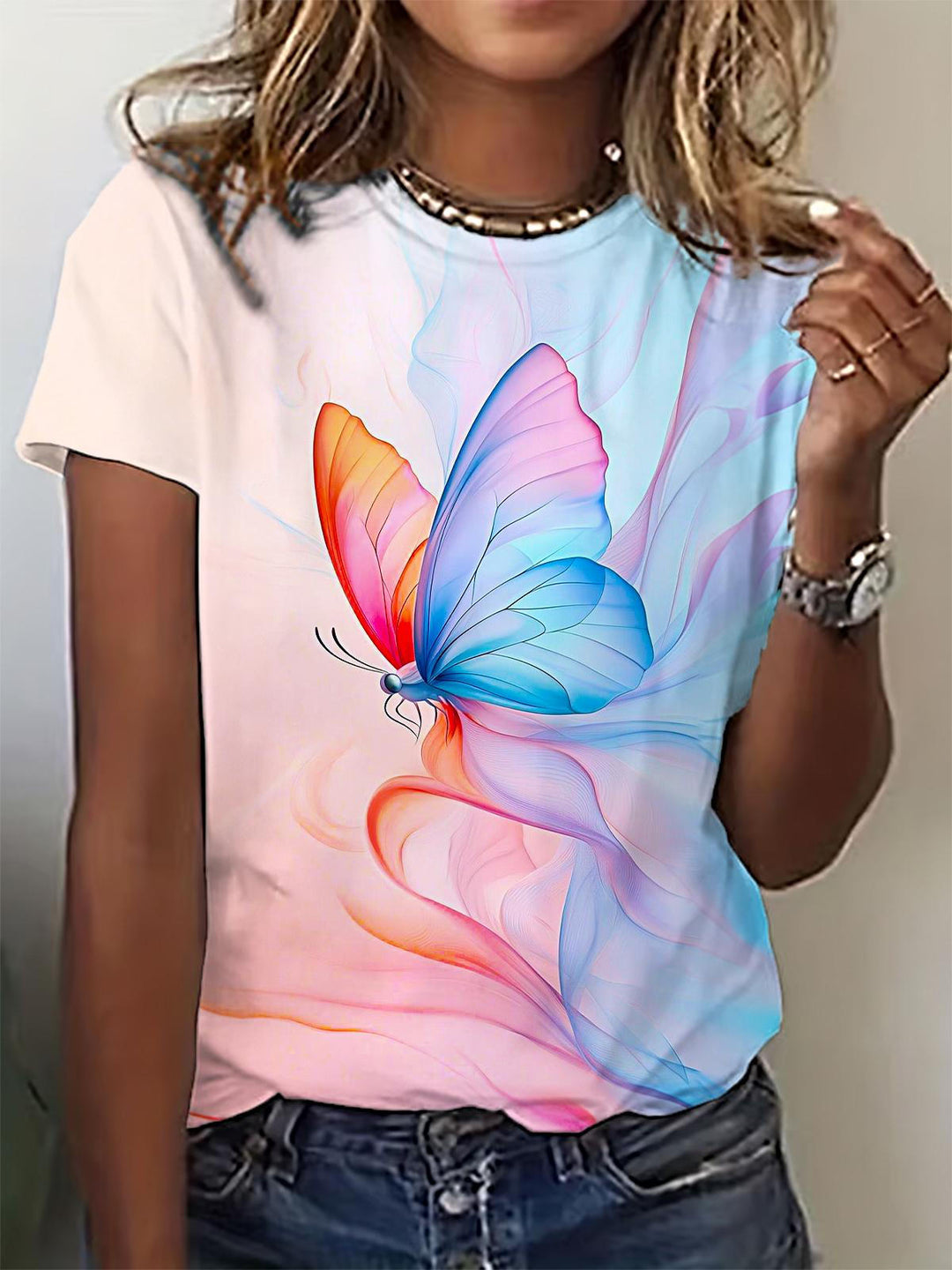 Spring Colorful Gradient Butterfly Print Crew Neck T-shirt