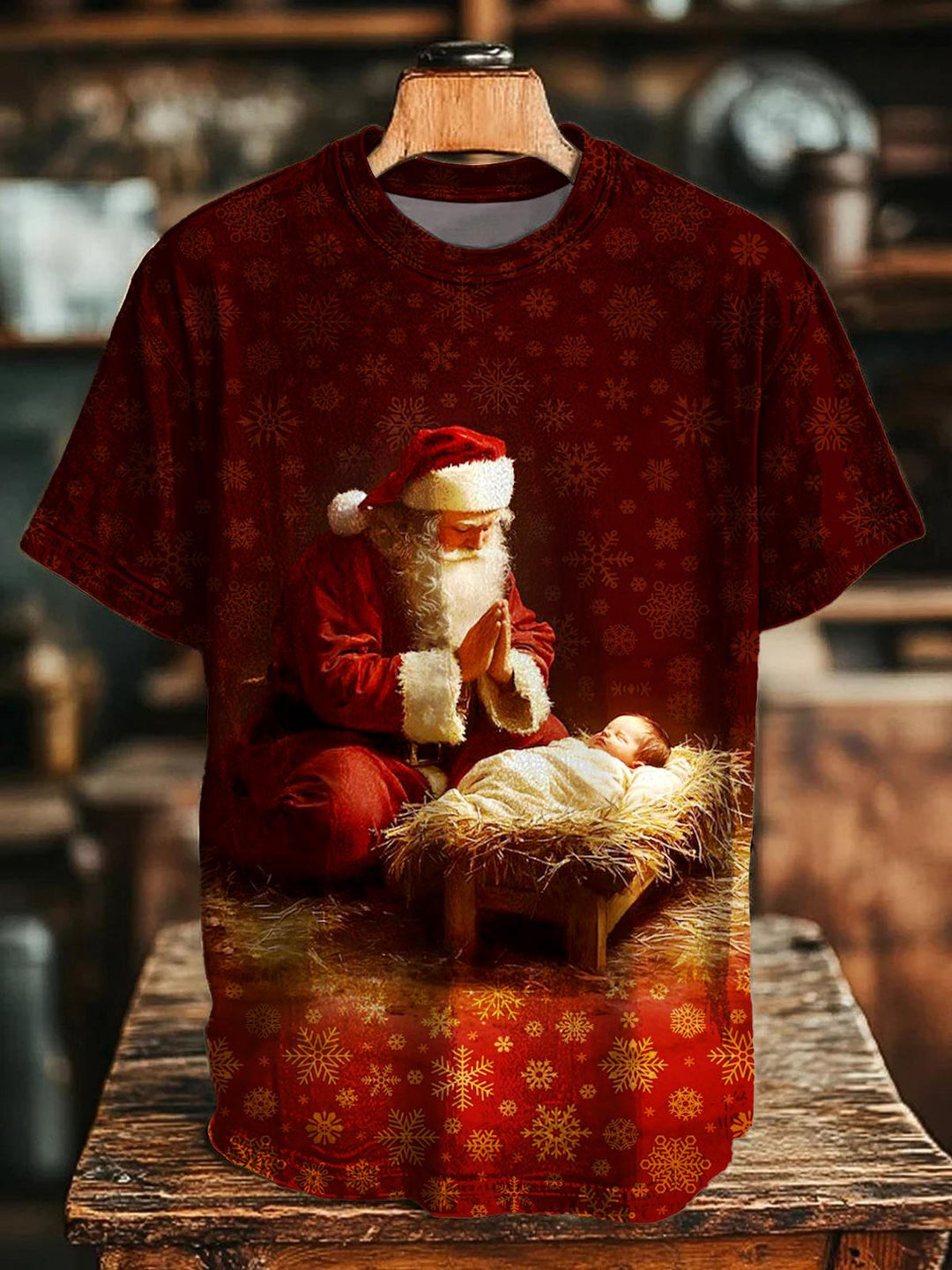 Christmas Jesus Santa Claus Printed Crew Neck T-shirt
