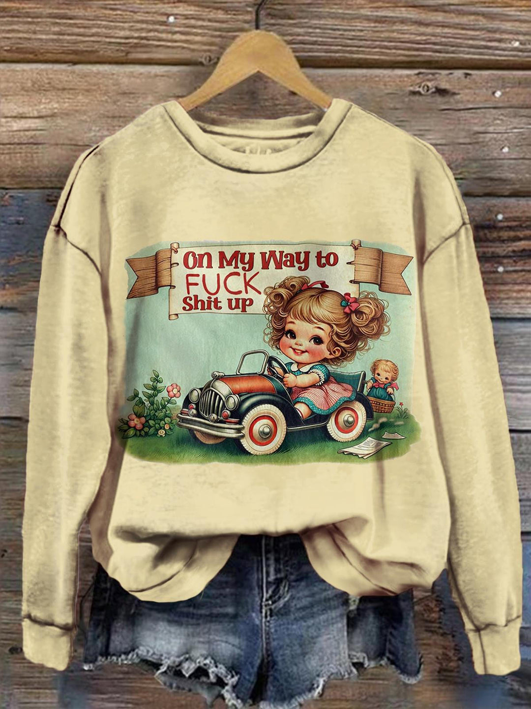 On My Way To Fuck Shit Up Girls Vintage Print Long Sleeve Top