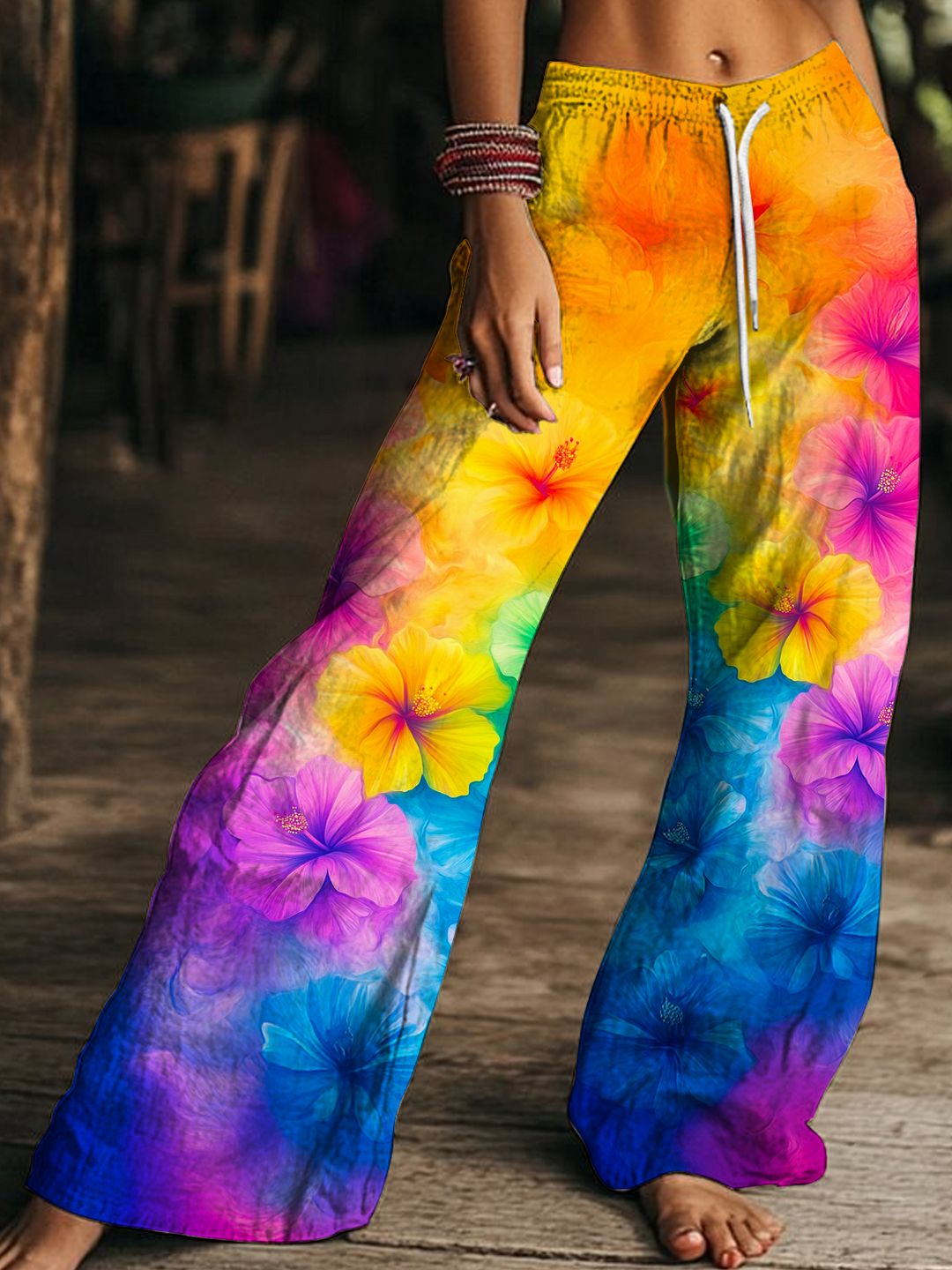 Colorful Hippie Gradient Floral Art Women's Drawstring Wide-Leg Pants